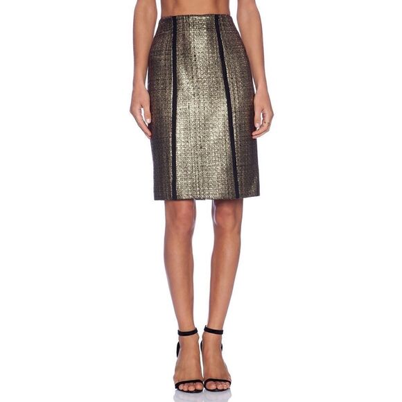 ALEXIS Metallic Gold & Black Tweed Midi Pencil Skirt S - Picture 1 of 14